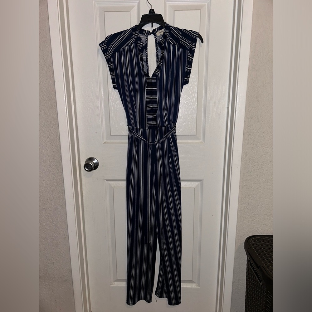 Monteau Los Angeles dark, navy blue striped jumpsuit, size S, business casual